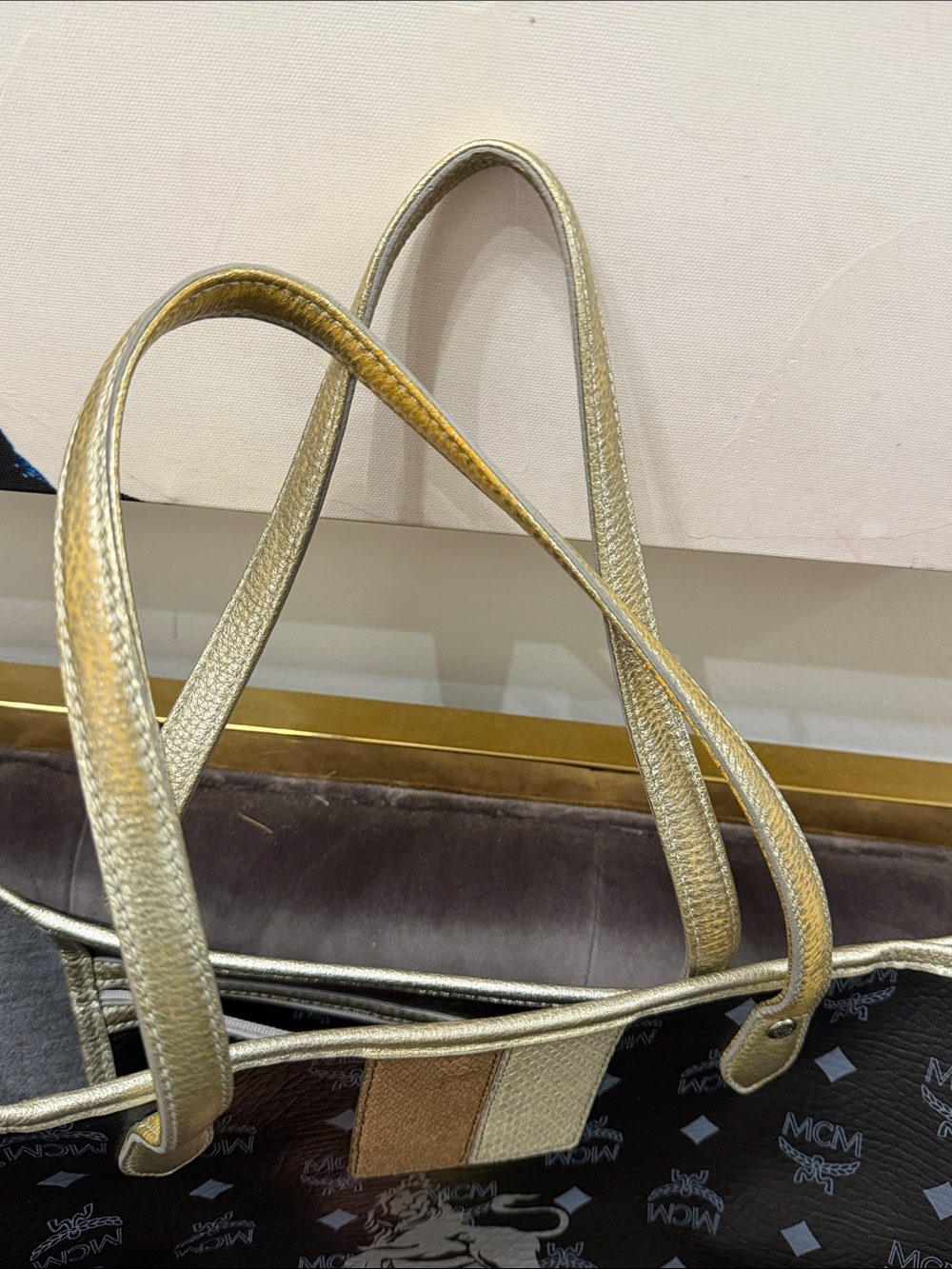 MCM Black Logo Tote with Pink and Yellow Stripe and Silver/Gold Trim - Picture 3 of 10